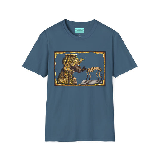 Indigo blue t-shirt featuring an illustration of Cleopatra mummy kissing a cat mummy.