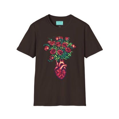 Brown shirt featuring an illustration of an anatomical heart used as a vase, with a bouquet of roses emerging from it.