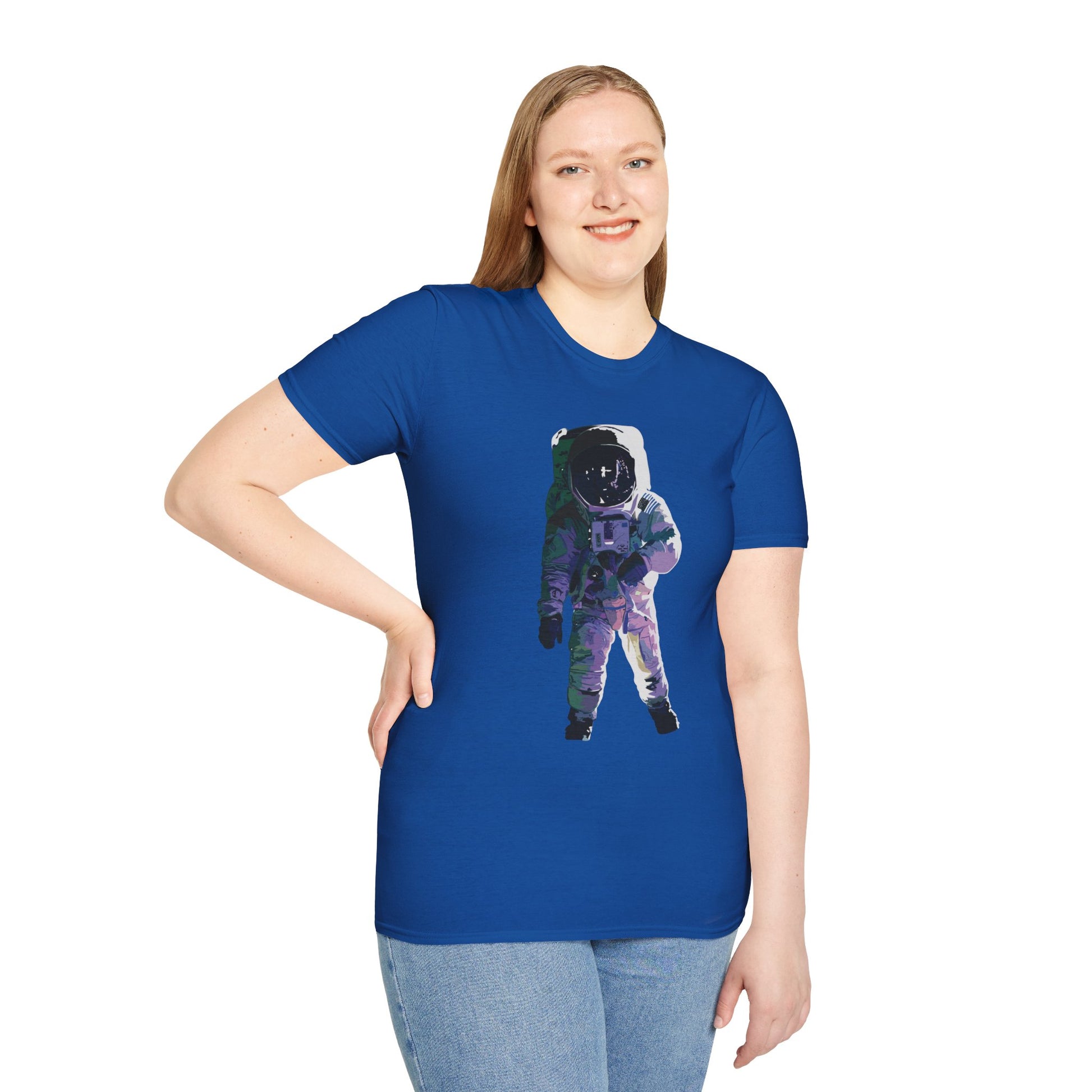 Woman wearing a royal blue t-shirt featuring a drawing of an astronaut in a space suit.
