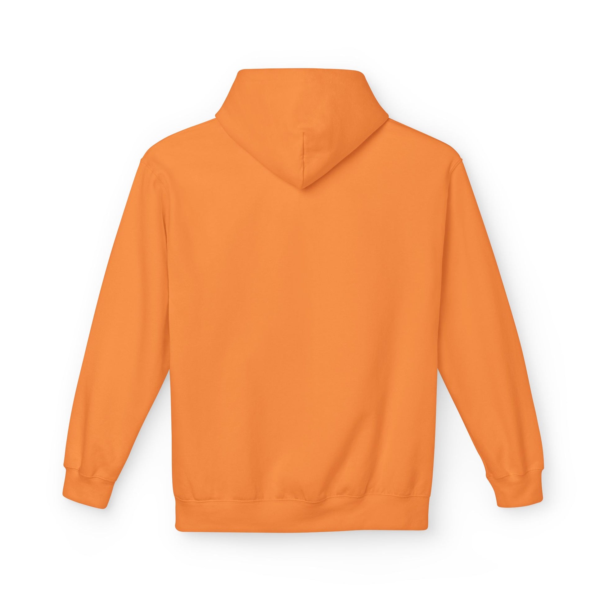 Posterior view of an orange unisex pullover hoodie sweatshirt.