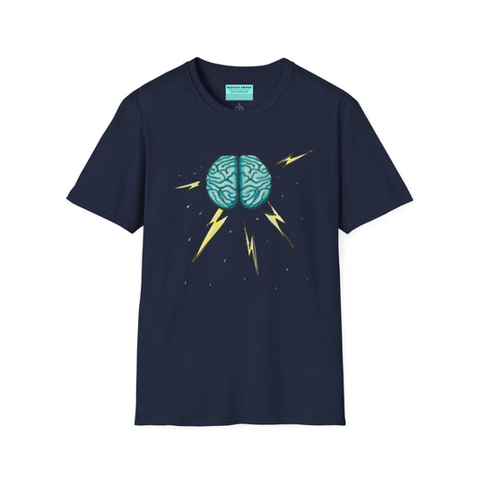 Navy unisex short sleeve tee featuring an illustration of a brain with lightning bolts and rain pouring from it, giving a literal twist to the term "brainstorm"—because sometimes, even the best ideas need a little weathering!