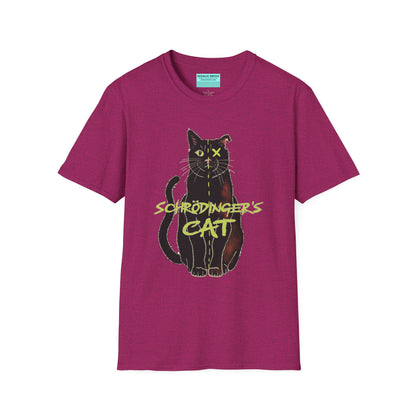 Pink unisex short-sleeve tee featuring the infamous Schrödinger’s cat—half-alive, half-dead, and fully committed to quantum confusion. The feline paradox lounges proudly beneath the words "Schrödinger's Cat," because science jokes are both alive and kicking and six feet under.