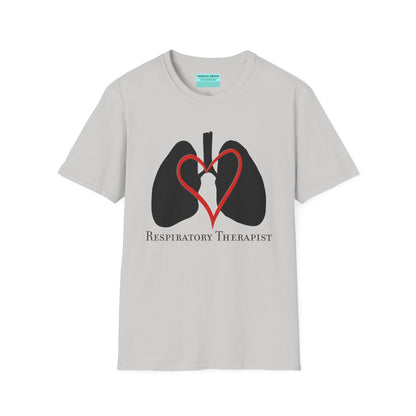 Grey unisex short sleeve t-shirt with a graphic illustration of a heart and lungs; the words "respiratory therapist" are printed below the design.