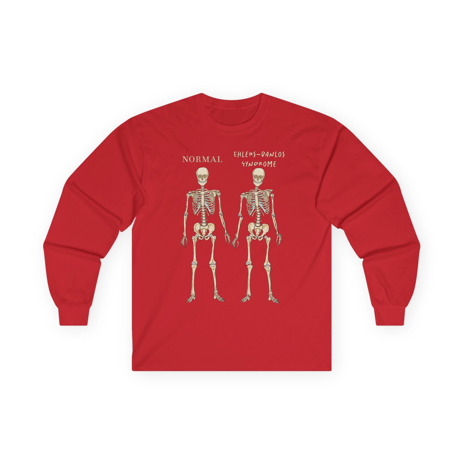 A red long sleeve shirt with two skeletons side by side—one labeled "normal," the other "Ehlers-Danlos Syndrome"—visually showcasing the effects of EDS with a clever, anatomy-inspired twist.