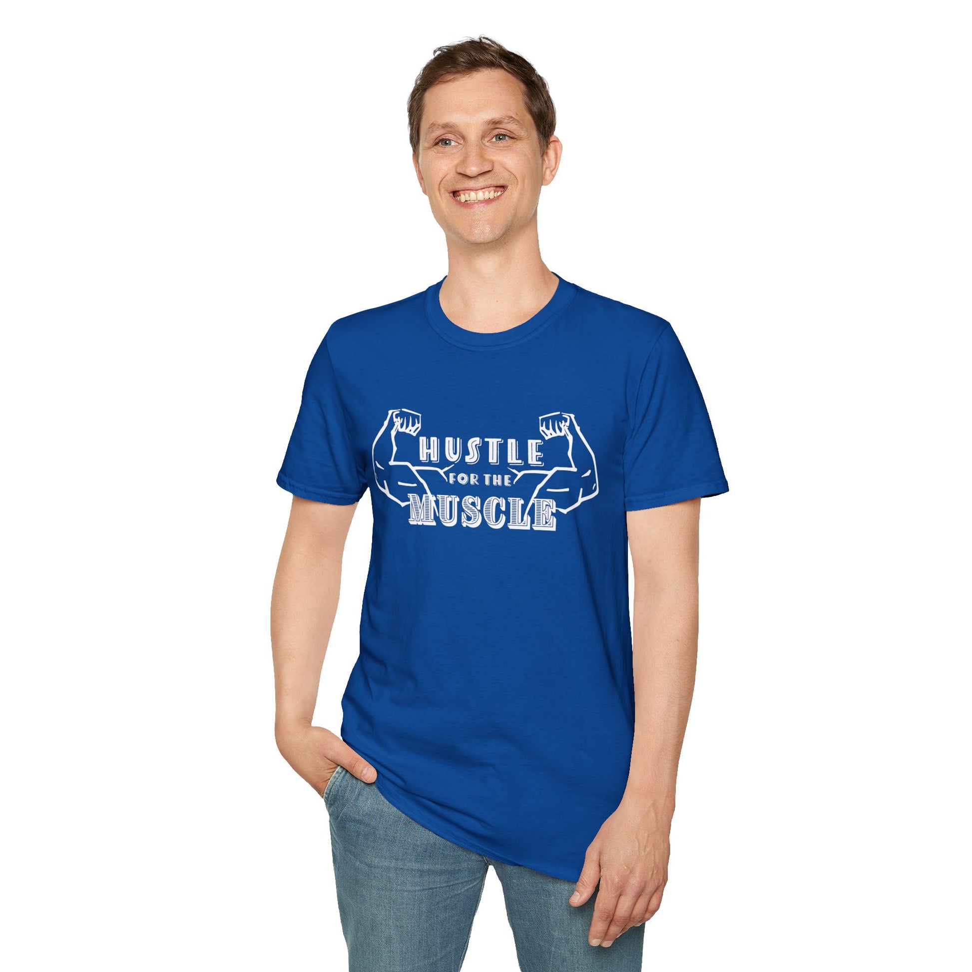 Man wearing a royal blue unisex short sleeve t-shirt featuring a pair of flexed, muscle-bound arms and the bold text "Hustle for the Muscle"—because gains don’t come from wishes, they come from reps.