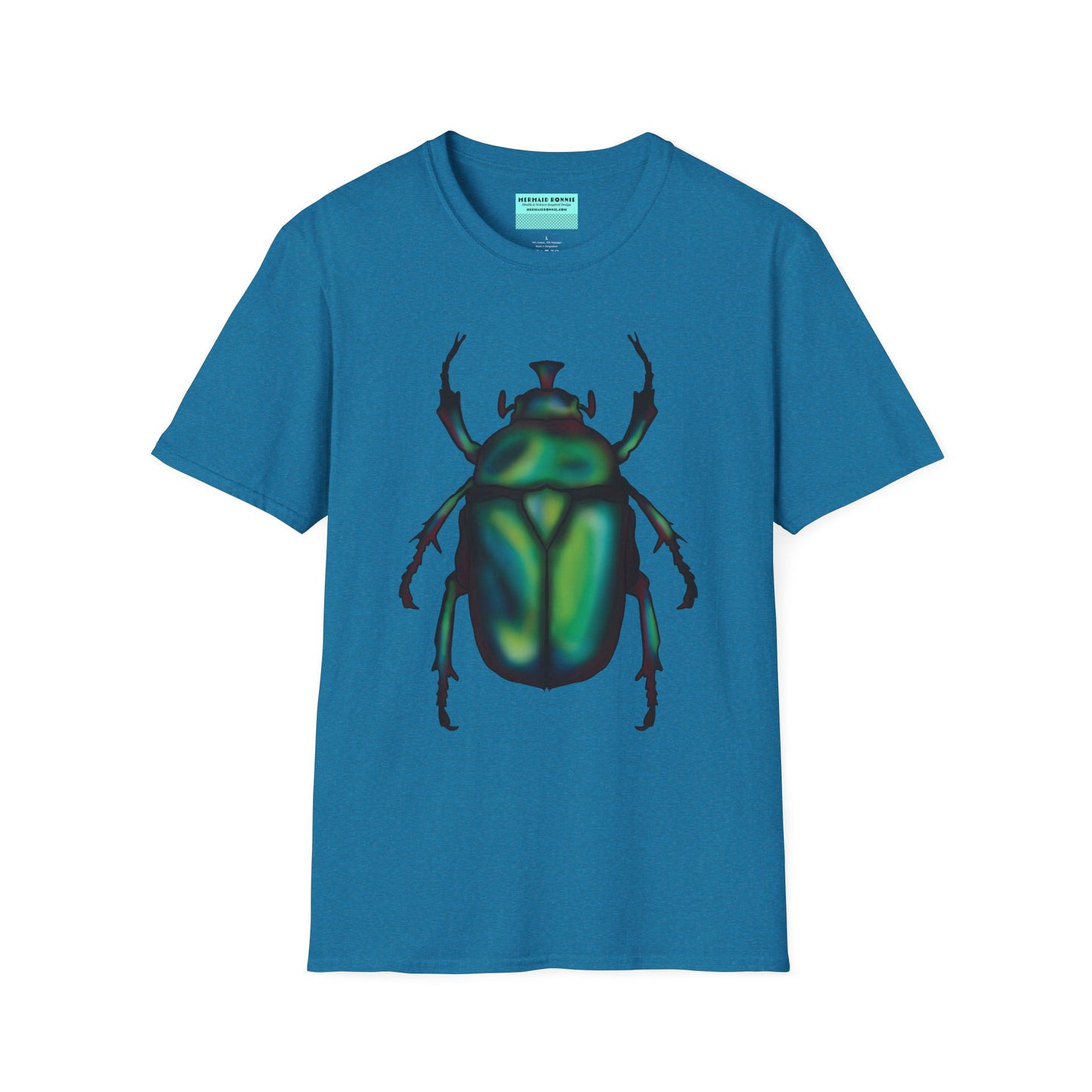 Tropical blue t-shirt featuring an illustration of a June bug (green chafer beetle) across the chest.