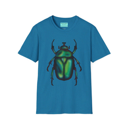 Tropical blue t-shirt featuring an illustration of a June bug (green chafer beetle) across the chest.