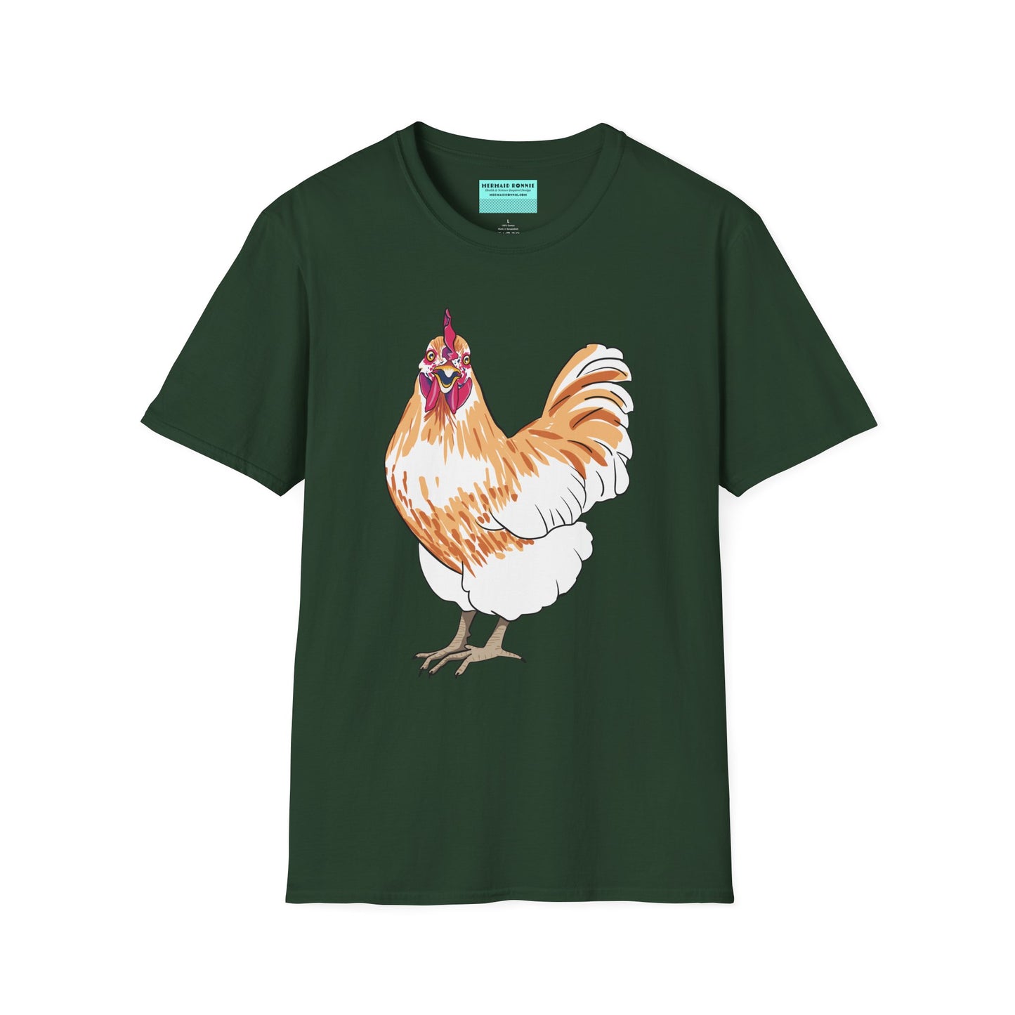 Forest green t-shirt featuring an illustration of a chicken.