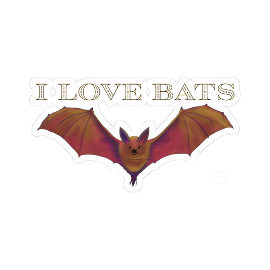 Sticker featuring a drawing of a brown bat in flight with text that says 'I love bats.'