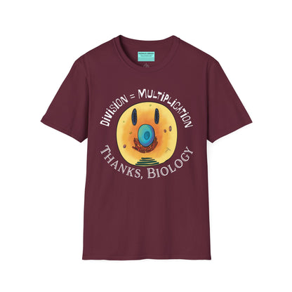 Maroon t-shirt featuring an illustration of a cell, with cellular organelles arranged to create a smiley face. The text 'Division = Multiplication. Thanks, Biology' is displayed surrounding the image.