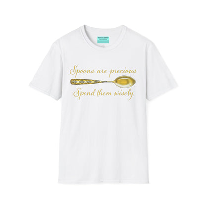 White t-shirt featuring a picture of a gold spoon and the phrase 'Spoons are precious, spend them wisely.'