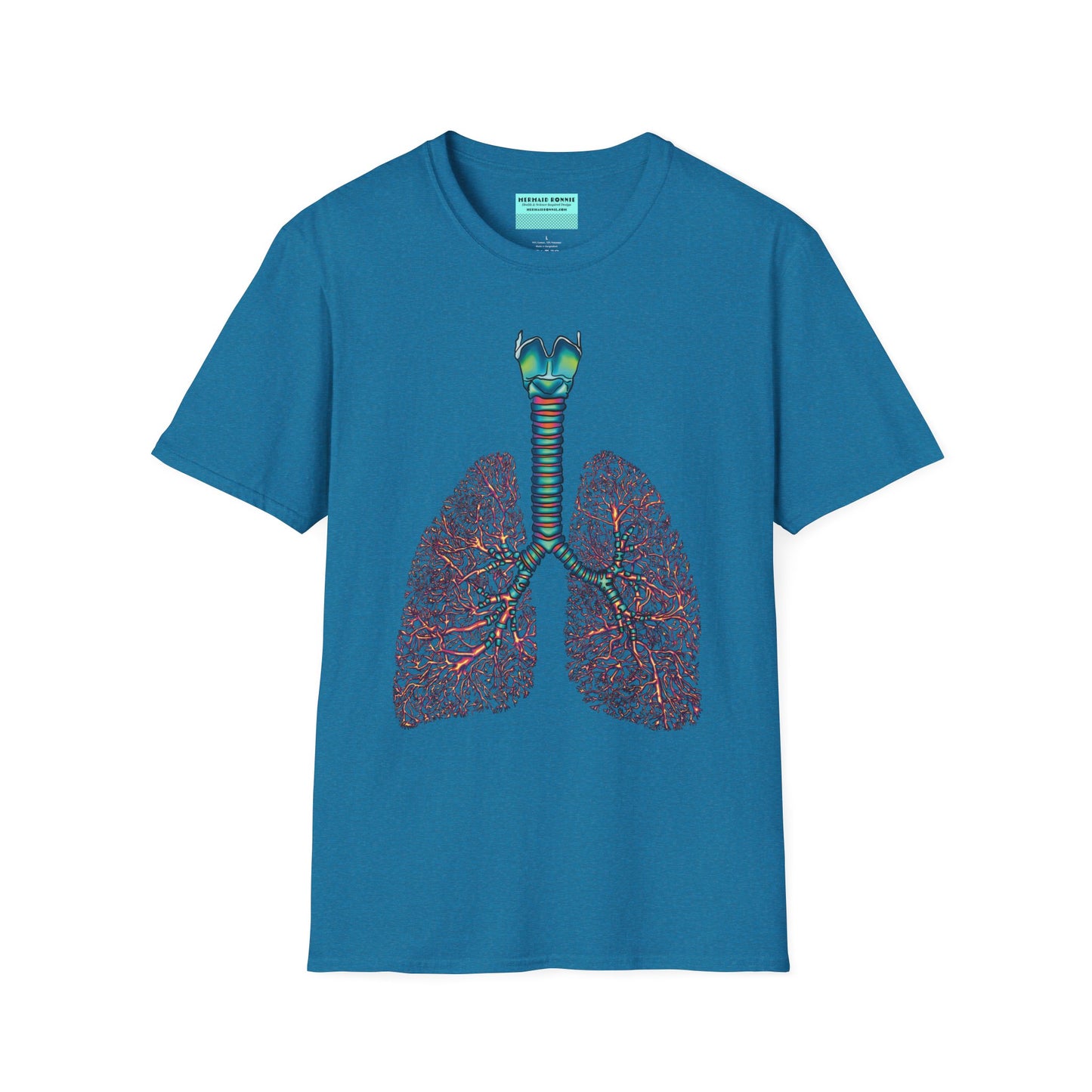 Tropical blue t-shirt featuring an illustration of anatomical lungs, including the bronchi, trachea, and larynx.