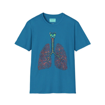 Tropical blue t-shirt featuring an illustration of anatomical lungs, including the bronchi, trachea, and larynx.