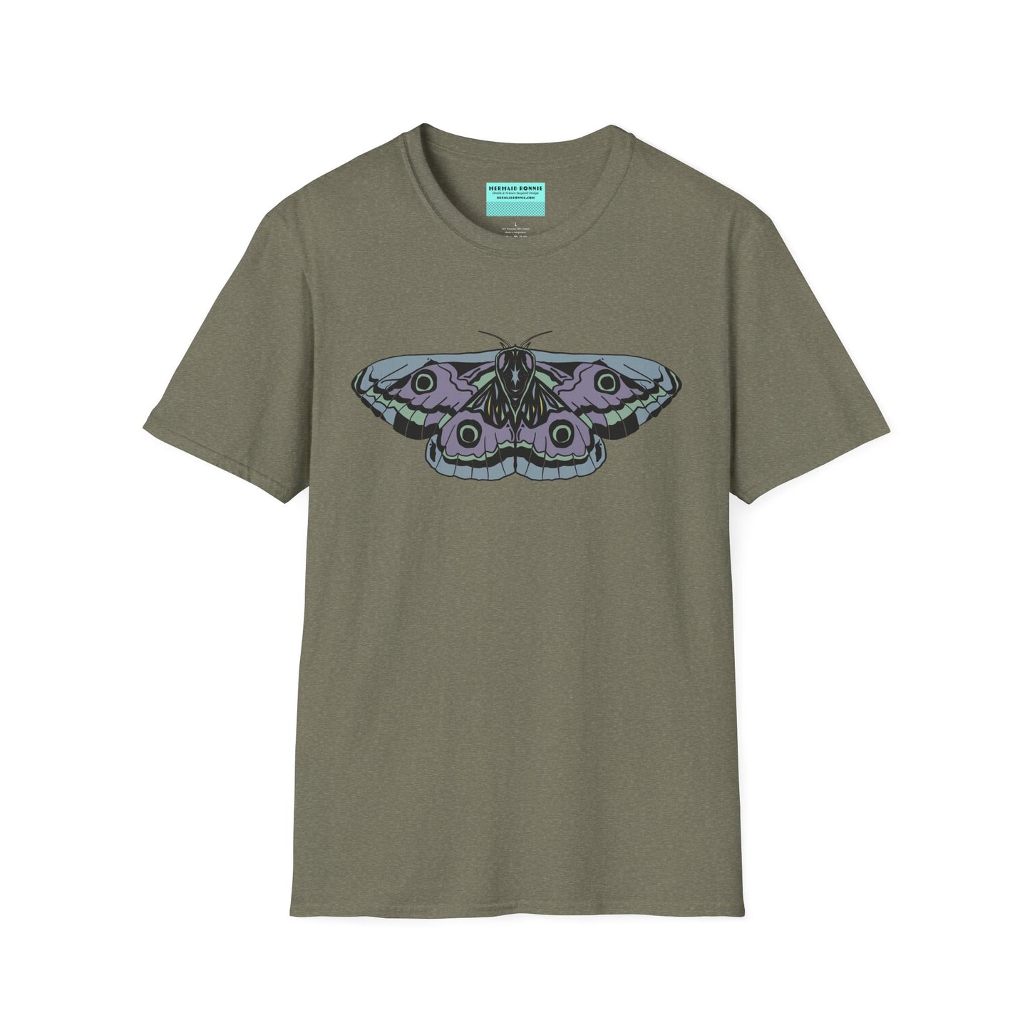 Heather green t-shirt featuring a drawing of a blue and purple moth.