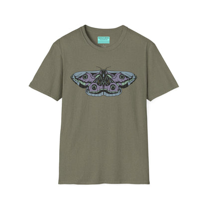 Heather green t-shirt featuring a drawing of a blue and purple moth.