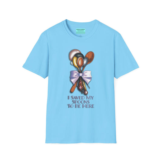 Blue t-shirt with an illustration of a bouquet of spoons and the phrase 'I saved my spoons to be here' printed on the front.