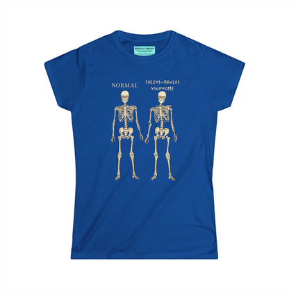 Women’s t-shirt in royal blue with two skeletons side by side. The first is labeled 'Normal' and the second is labeled 'Ehlers-Danlos Syndrome,' visually illustrating the skeletal effects of EDS.