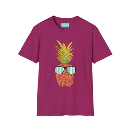 Fuscia t-shirt featuring a drawing of a pineapple wearing sunglasses.
