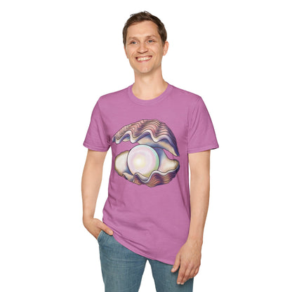 Man wearing a light purple t-shirt featuring an illustration of a large oyster with a luminescent pearl inside.