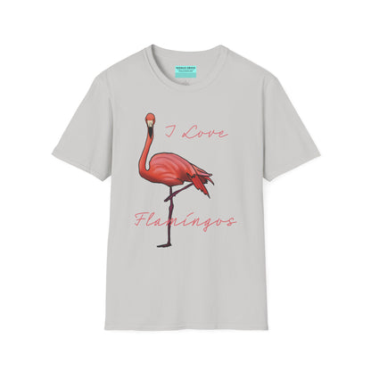 Grey unisex short-sleeve tee with a fabulously pink flamingo strutting its stuff and the words “I love flamingos” — for anyone whose spirit animal stands on one leg.