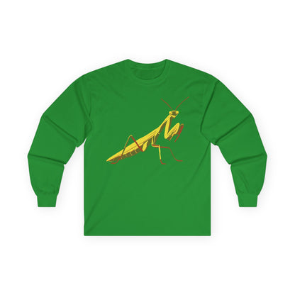 Long sleeve unisex green shirt featuring an illustration of a yellow and green praying mantis insect on the front.
