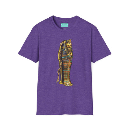 Purple t-shirt featuring an illustration of an Egyptian sarcophagus, with a mummy stepping out of it and glowing red eyes.