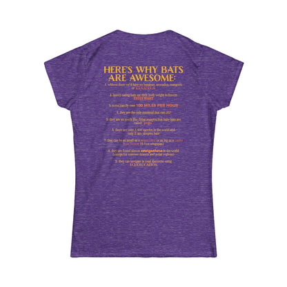 Back of a women’s t-shirt in heather purple, with the heading 'Here’s why bats are awesome' followed by a list of nine bat facts printed beneath it.