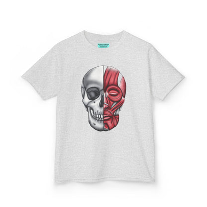 Kids' t-shirt in light grey featuring an anatomical drawing of a human skull, with facial muscles illustrated on one half of the skull.