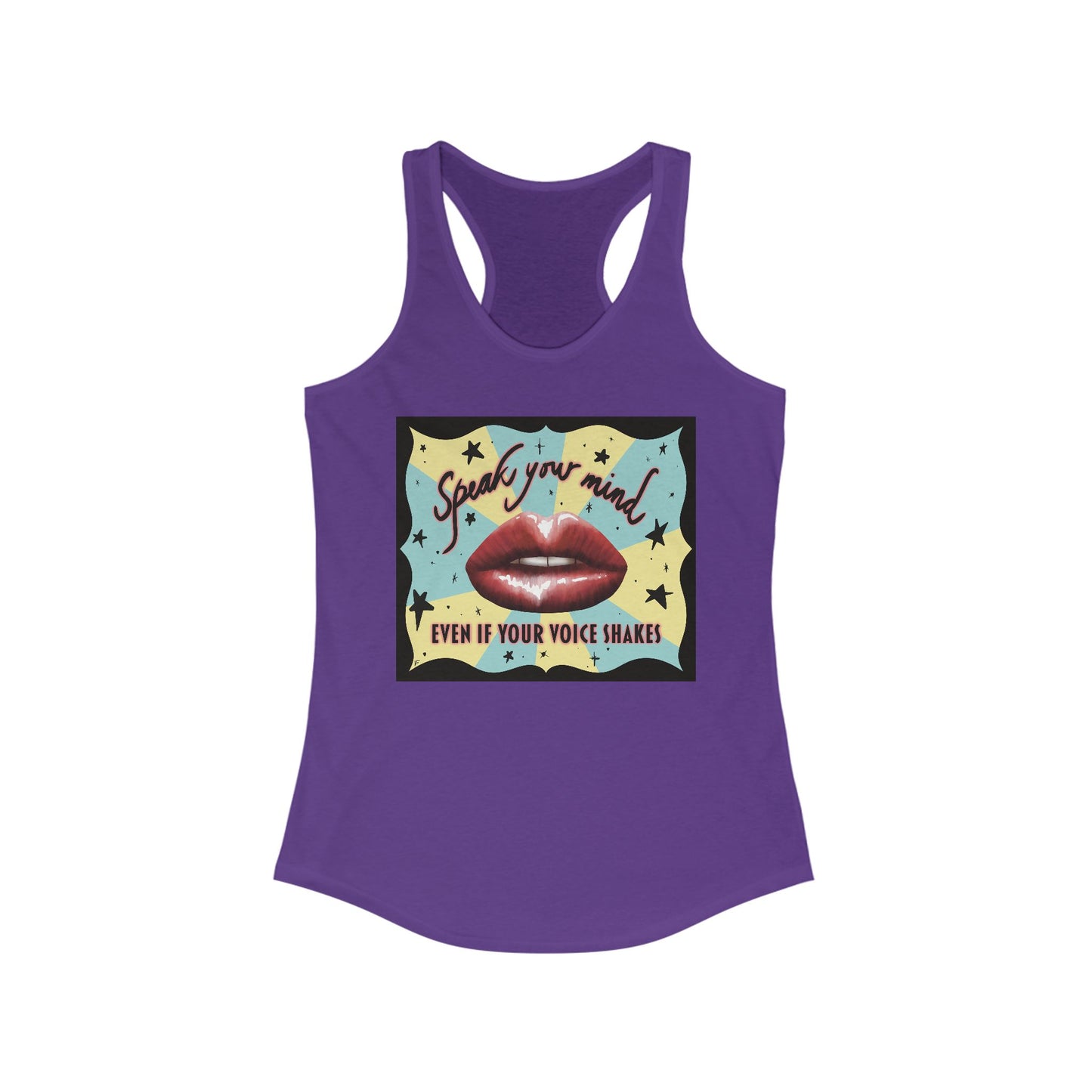 Women’s racerback tank top in light purple featuring an illustration of large glossy red lips in front of a retro-inspired background, with text that reads 'Speak your mind even if your voice shakes.'
