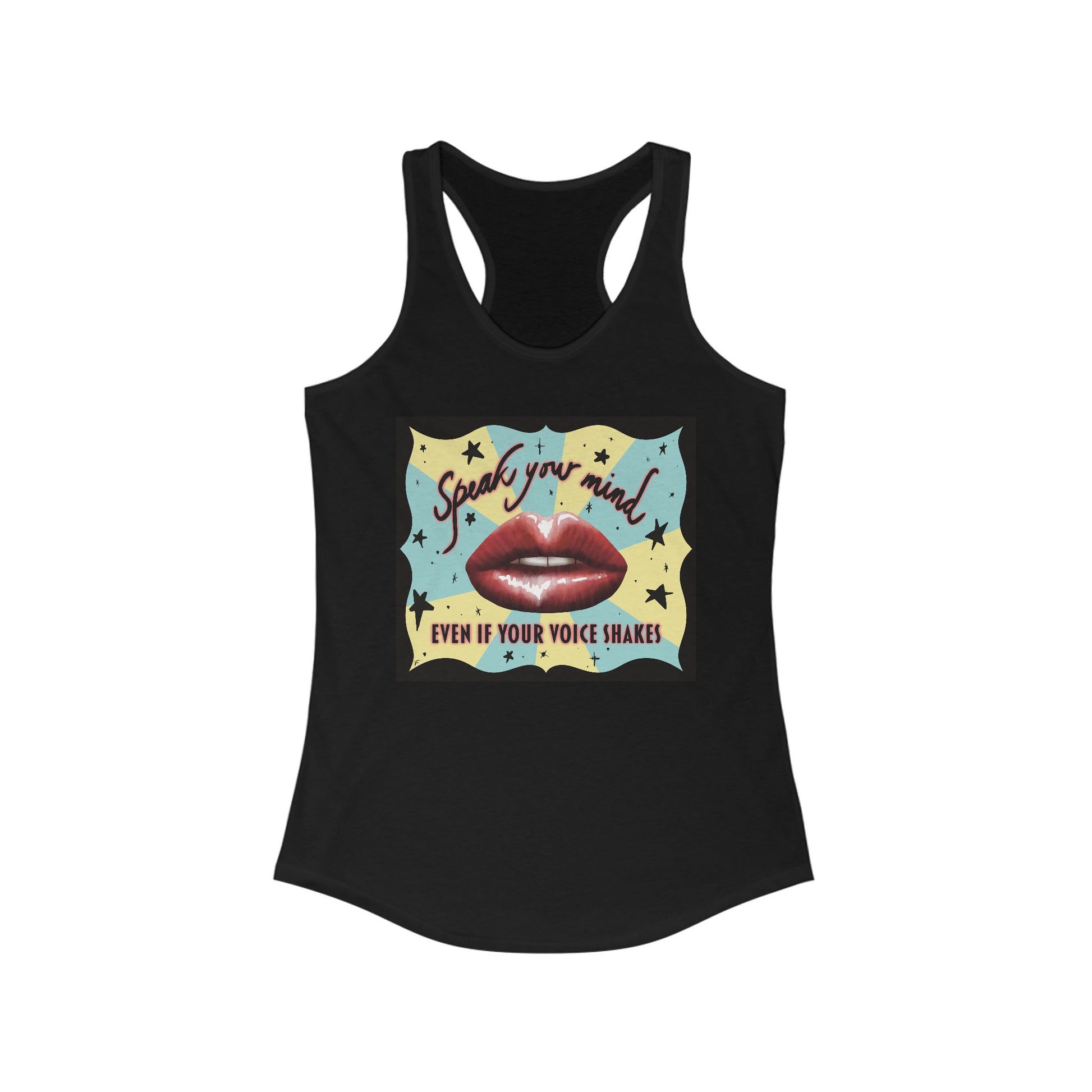Women’s racerback tank top in black featuring an illustration of large glossy red lips in front of a retro-inspired background, with text that reads 'Speak your mind even if your voice shakes.'