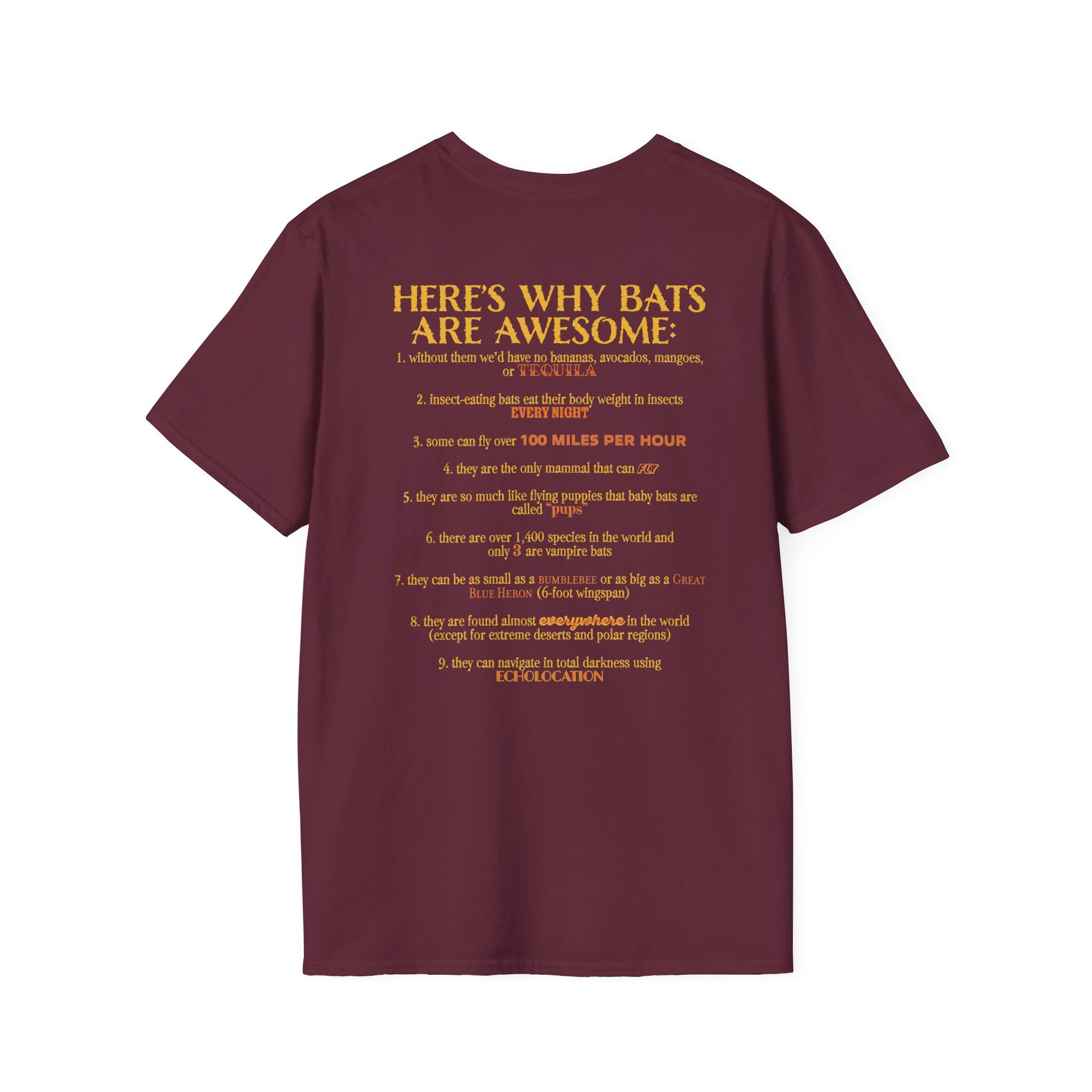 Back of a burgundy t-shirt that reads “Here’s why bats are awesome,” followed by a fun list of 9 bat facts—because who doesn’t want wearable proof that bats are the underrated rockstars of the animal kingdom?