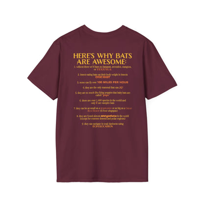 Back of a burgundy t-shirt that reads “Here’s why bats are awesome,” followed by a fun list of 9 bat facts—because who doesn’t want wearable proof that bats are the underrated rockstars of the animal kingdom?