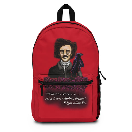 Edgar Allan Poe Backpack, Red Floral Backpack, Gothic Literature