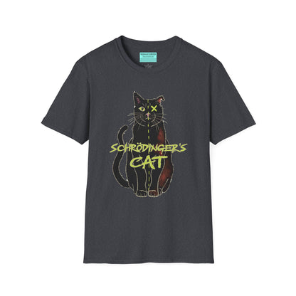 Dark grey unisex short-sleeve tee featuring the infamous Schrödinger’s cat—half-alive, half-dead, and fully committed to quantum confusion. The feline paradox lounges proudly beneath the words "Schrödinger's Cat," because science jokes are both alive and kicking and six feet under.