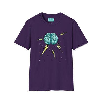 Purple unisex short sleeve tee featuring an illustration of a brain with lightning bolts and rain pouring from it, giving a literal twist to the term "brainstorm"—because sometimes, even the best ideas need a little weathering!