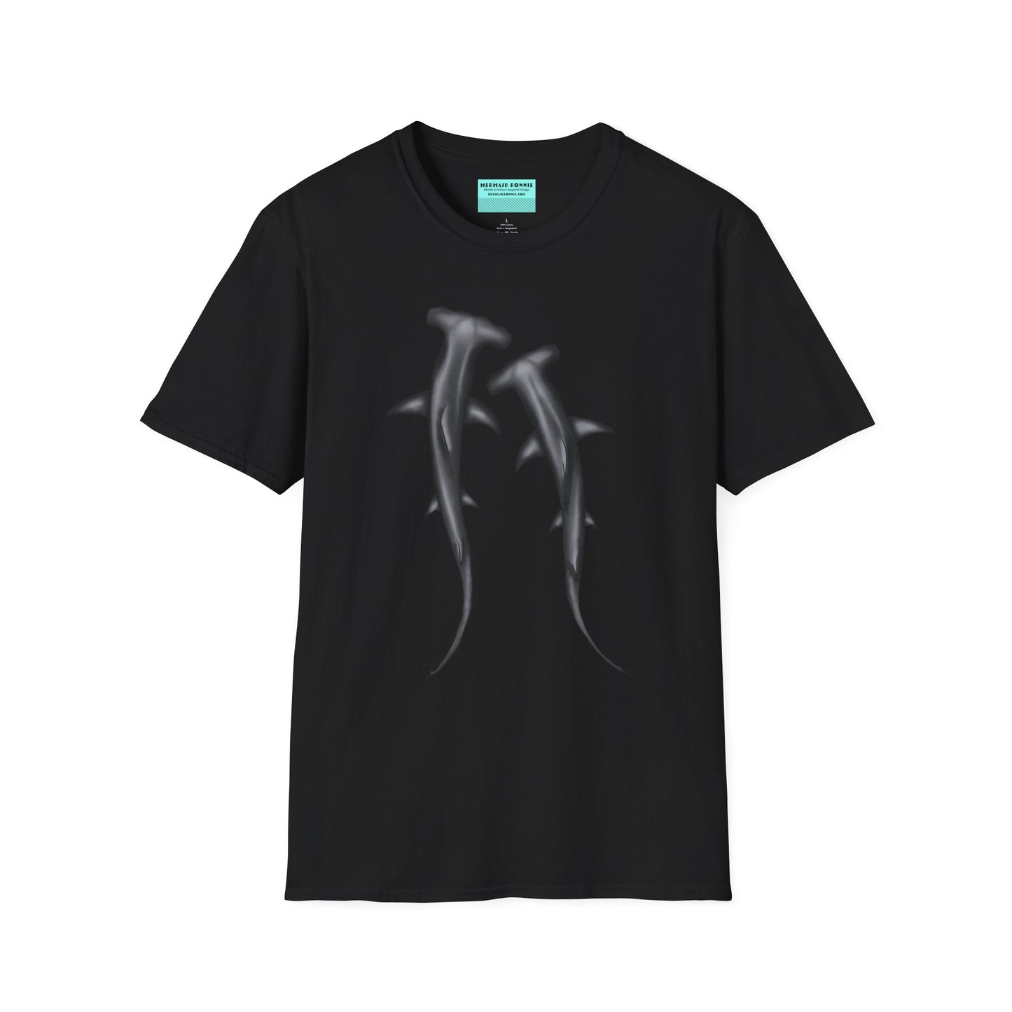 Black t-shirt featuring an illustration of two hammerhead sharks.