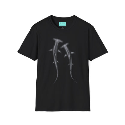 Black t-shirt featuring an illustration of two hammerhead sharks.