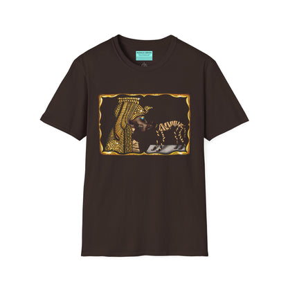Brown t-shirt featuring an illustration of Cleopatra mummy kissing a cat mummy.