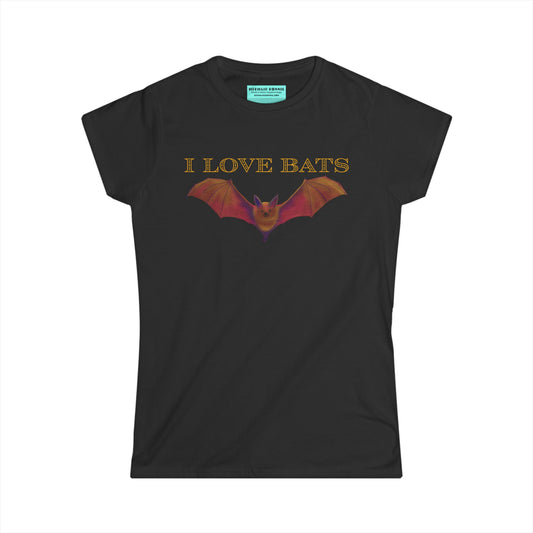 Women’s t-shirt in black featuring a drawing of a brown bat and text that reads 'I love bats.'