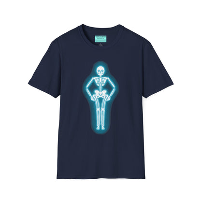 Navy t-shirt featuring an illustration of a glowing neon sign in the shape of a skeleton.