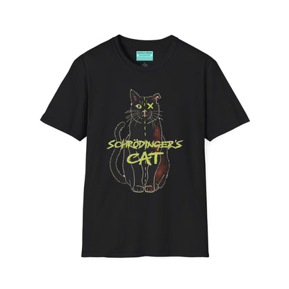 Black unisex short-sleeve tee featuring the infamous Schrödinger’s cat—half-alive, half-dead, and fully committed to quantum confusion. The feline paradox lounges proudly beneath the words "Schrödinger's Cat," because science jokes are both alive and kicking and six feet under.