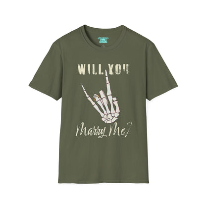 Will You Marry Me T-Shirt, Skeleton Rock and Roll Symbol, Unisex Wedding Proposal Tee