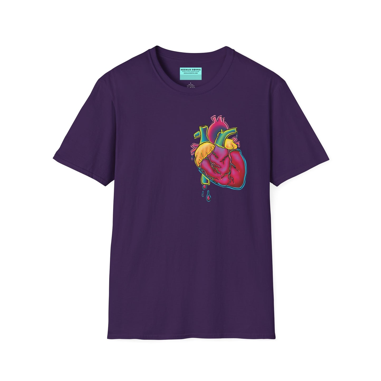 Dark purple unisex short sleeve t-shirt featuring a bold neon anatomical heart front and off-center, complete with dripping blood vessels—because nothing says “wear your heart on your sleeve” like wearing it smack on your chest in highlighter tones.
