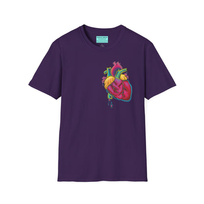 Dark purple unisex short sleeve t-shirt featuring a bold neon anatomical heart front and off-center, complete with dripping blood vessels—because nothing says “wear your heart on your sleeve” like wearing it smack on your chest in highlighter tones.