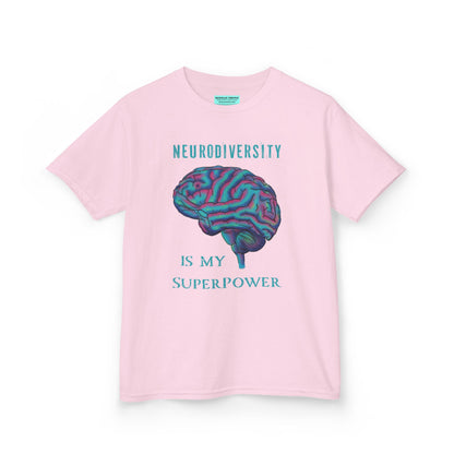 Pink unisex kids' t-shirt featuring a drawing of an anatomical brain and the text 'Neurodiversity is my superpower.'