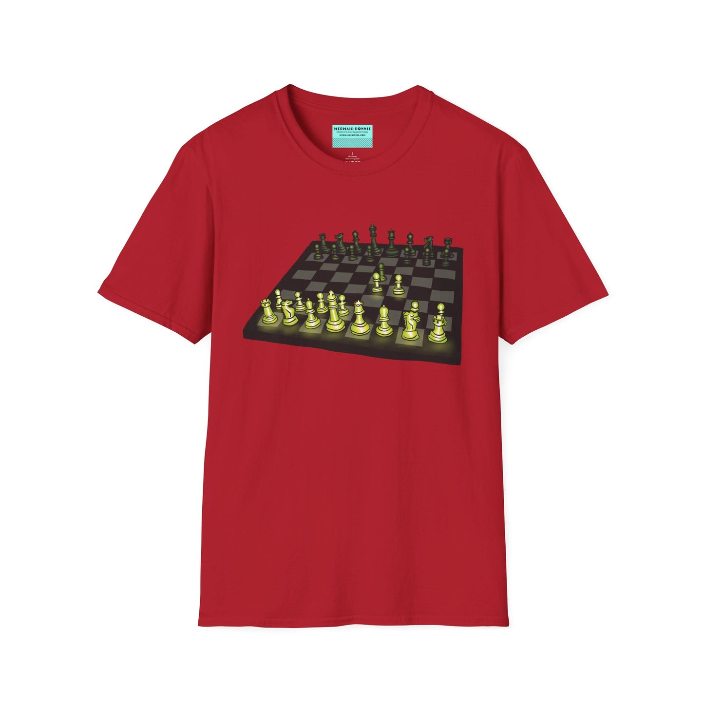 Red unisex short-sleeve t-shirt featuring an electrifying chess board with glowing pieces mid–Queen’s Gambit, because nothing says “checkmate” like opening with flair and a radiant strategy.