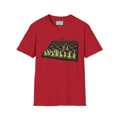 Red unisex short-sleeve t-shirt featuring an electrifying chess board with glowing pieces mid–Queen’s Gambit, because nothing says “checkmate” like opening with flair and a radiant strategy.