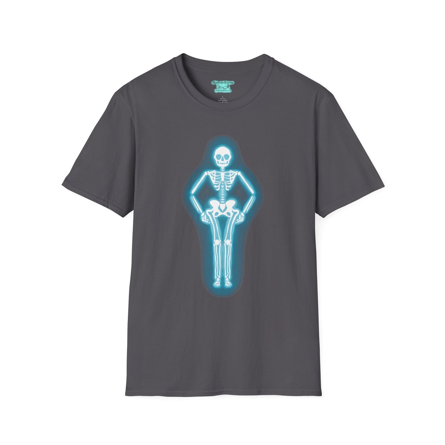 Neon Skeleton Graphic T-Shirt, Glowing Blue Neon Sign Tee, Unisex Skeleton Shirt