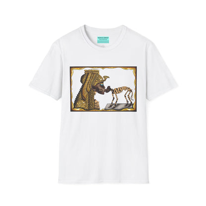White t-shirt featuring an illustration of Cleopatra mummy kissing a cat mummy.