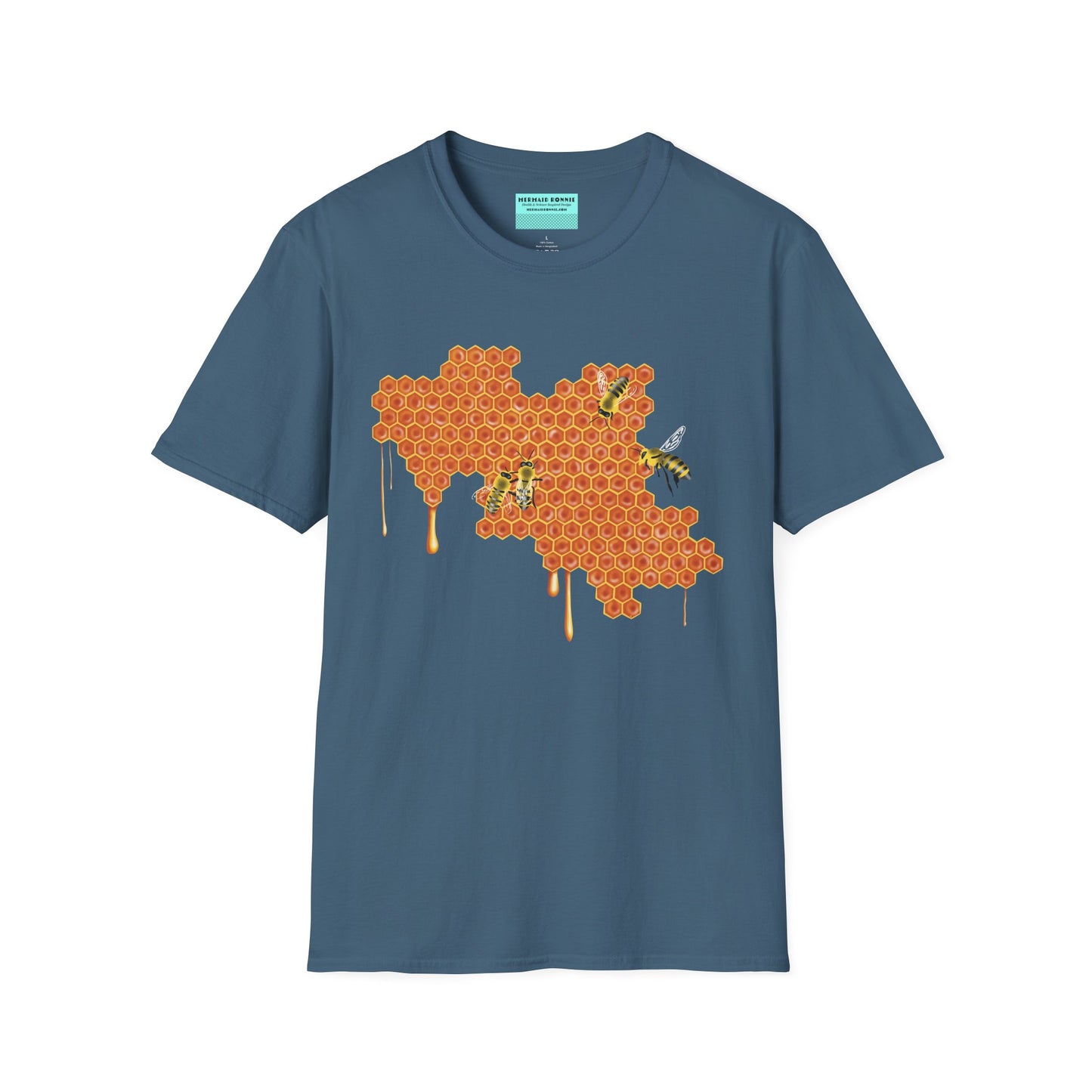 Indigo blue t-shirt featuring a picture of honeybees buzzing around a large piece of honeycomb with honey dripping down from it.